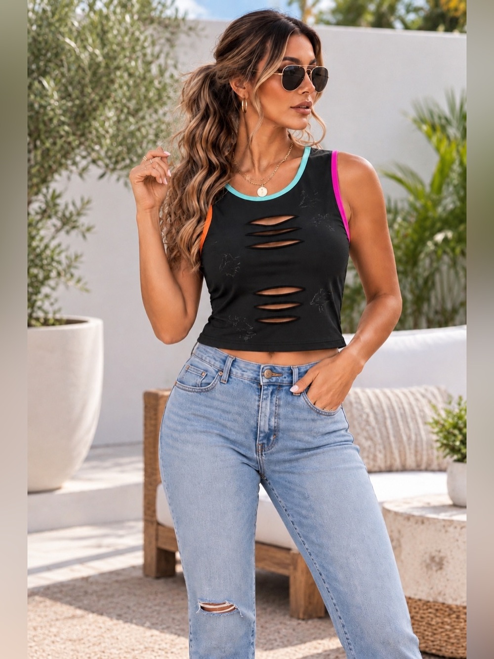 NWT - LovelyWholesale Women's Cut Out Crop
Tank Top Distressed Tank Top
